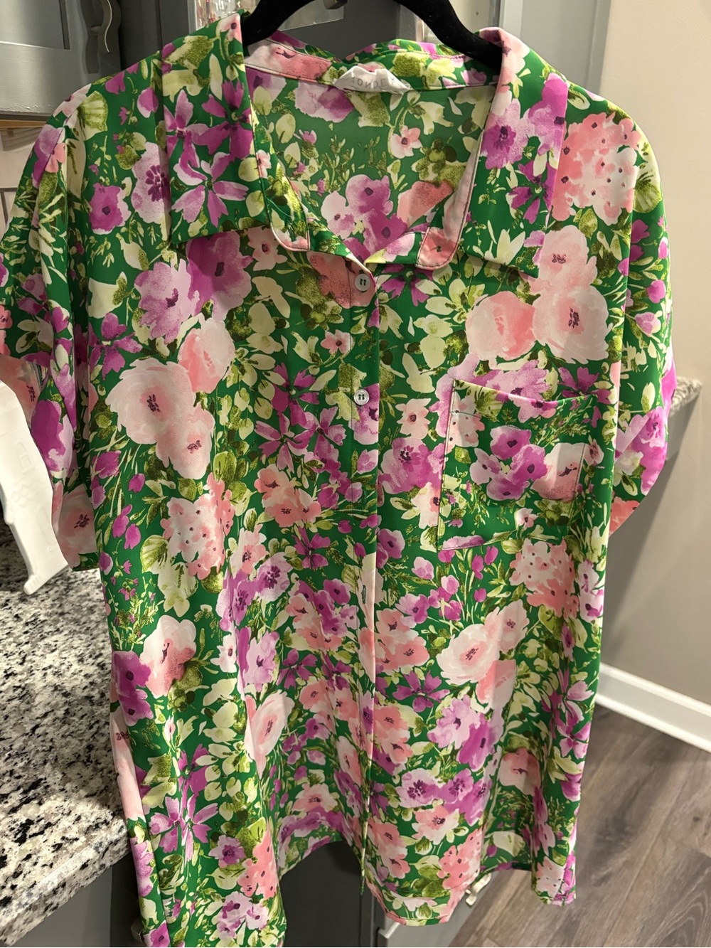 Green Floral Button-Up Blouse with Pink & Purple Blooms